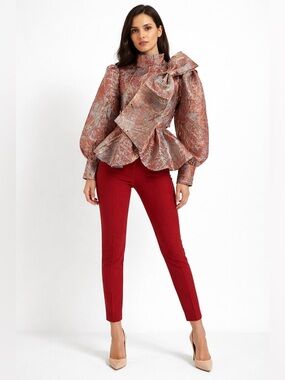Akira Luxury Metallic Brocade Bow Peplum Blouse Elegant High Neck Statement Top